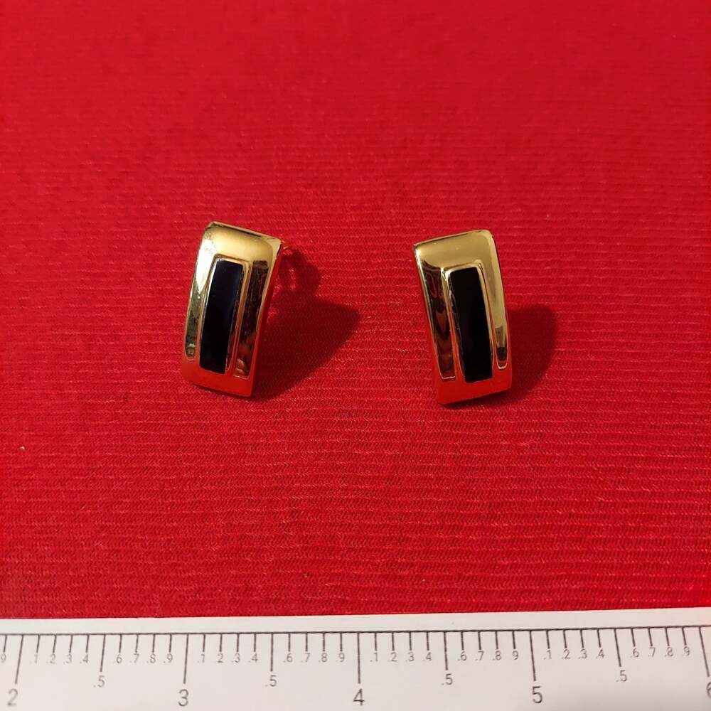 Nine West Black Enamel on Gold Tone Clip On Earrings